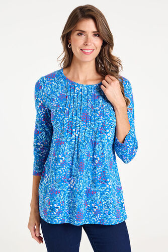 3/4 Sleeve Fern Print Pintuck Tunic