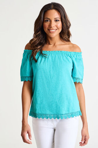 Short Sleeve Jersey Bardot Top with Lace Trim