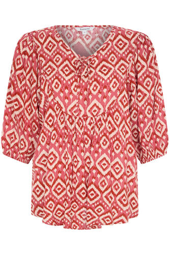 Diamond Ikat Print 3/4 Sleeve Tie Neck Blouse