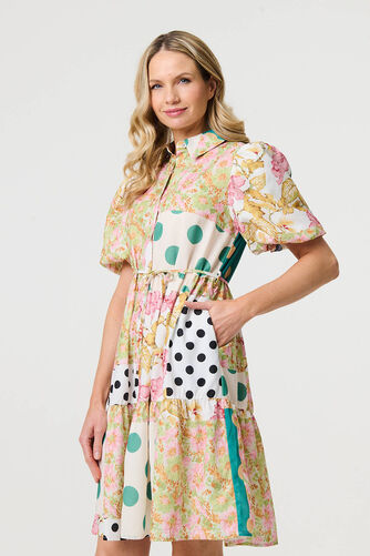 Izabel London – Patchwork Print Knee Length Shirt Dress