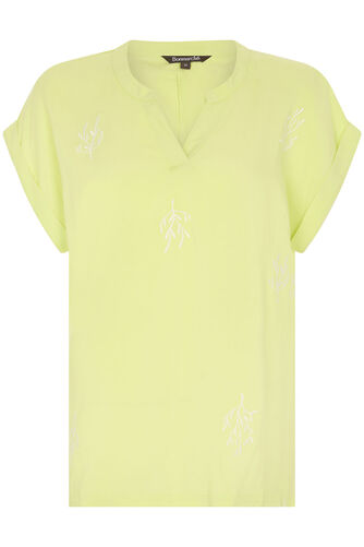Short Sleeve Embroidered Shell Notch Neck Top