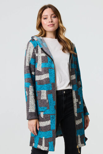 Izabel London – Geo Print Hooded Longline Zip-Up Jacket