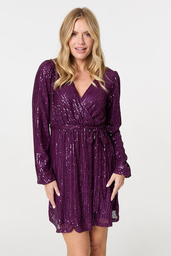 Izabel London – Sparkly Sequin Long Sleeve Mini Wrap Dress