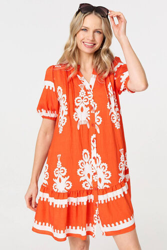 Izabel London – Printed Lace Trim Relaxed Short Shirt Dress