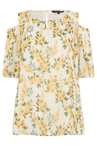 Floral and Lemon Print Cold Shoulder Notch Neck Blouse