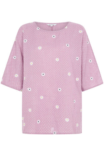 3/4 Sleeve Spaced Daisy Print Linen Look Top