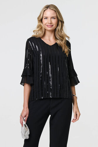 Izabel London – Sequin Stripe Ruffled 3/4 Sleeve Blouse