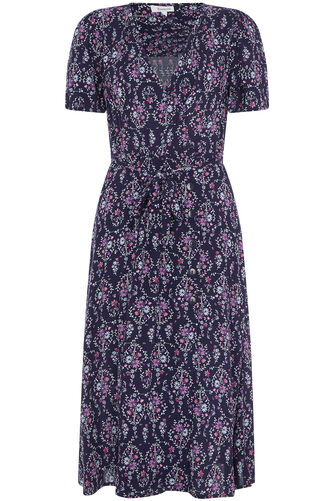 Floral Tile Print Button Detail Wrap Dress