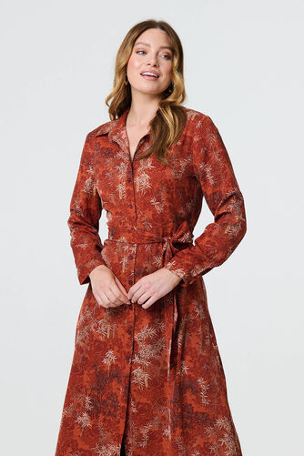 Izabel London – Leaf Print Tie Waist Midi Shirt Dress