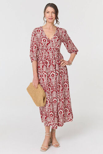 Izabel London – Printed Ruched 3/4 Sleeve Midi Dress