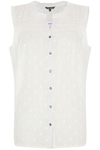 Sleeveless Dobby Button Through Pintuck Shirt
