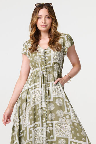 Izabel London - Printed V-Neck Cap Sleeve Maxi Dress