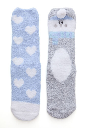 2 Pack Penguin and Heart Print Cosy Socks