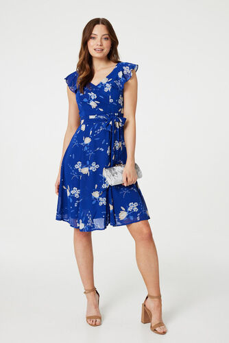 Izabel London - Floral Frilled Knee Length Wrap Dress