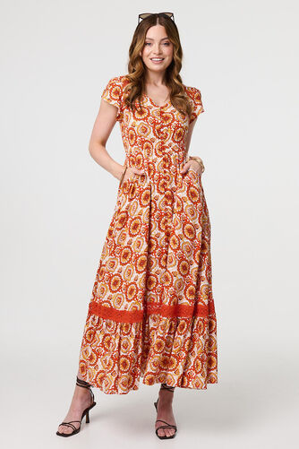 Izabel London - Paisley Cap Sleeve Lace Trim Maxi Dress