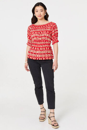 Izabel London – Printed Shirred 1/2 Sleeve Bardot Top