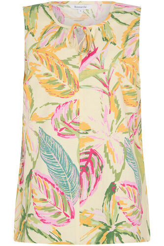 Tie Neck Leaf Print Linen Blend Top