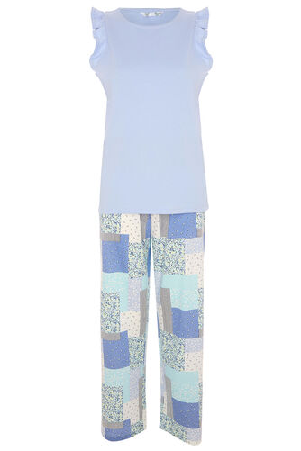 Patchwork Print Frill Sleeve Detail Jersey Pyjama Set