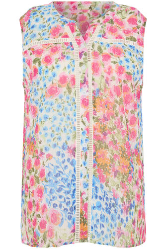 Sleeveless Ditsy Patchwork Print Button Through Pintuck Blouse