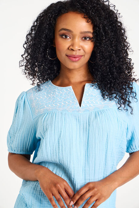 Short Sleeve Embroidered Double Cloth Blouse