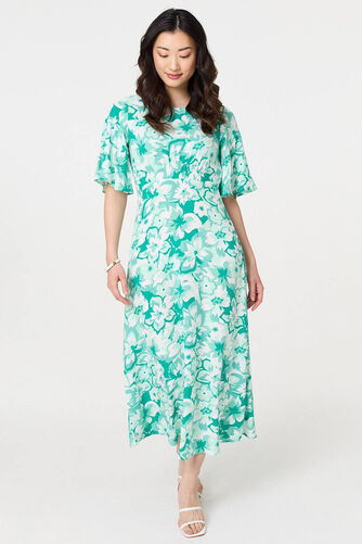 Izabel London – Floral Flared Sleeve A-Line Midi Dress