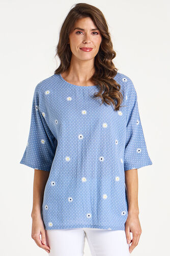3/4 Sleeve Spaced Daisy Print Linen Look Top