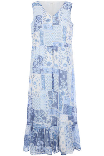 Patchwork Print Button Placket Chiffon Dress