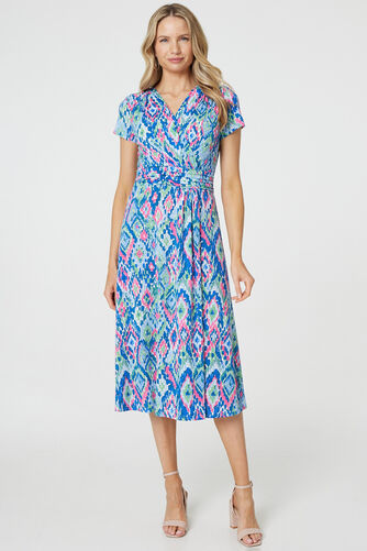 Izabel London – Printed Ruched Faux-Wrap Midi Dress