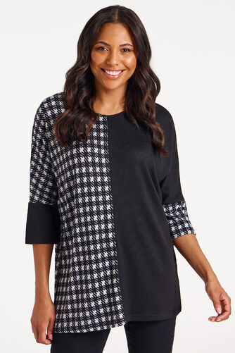 3/4 Sleeve Dogtooth Colour Block Tunic