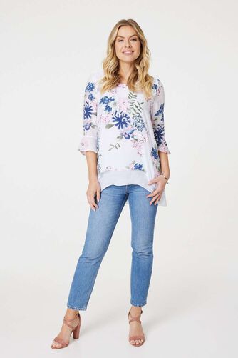 Izabel London - Floral 3/4 Flare Sleeve Curve Hem Top