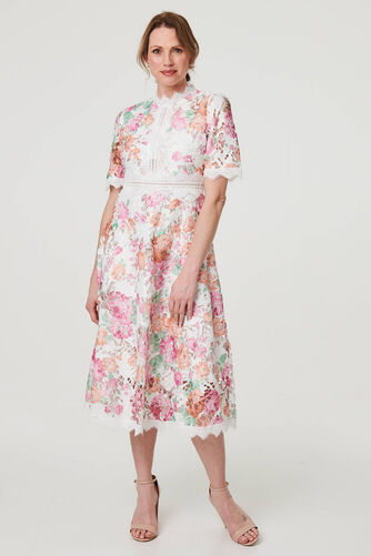 Izabel London – Floral Lace Trim Semi Sheer Midi Dress