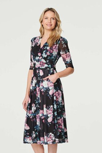 Izabel London - Floral Pleated Midi Wrap Tea Dress