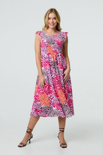 Izabel London – Animal Print Cap Sleeve Smocked Midi Dress