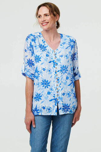 Izabel London – Floral Button Front Curve Hem Blouse